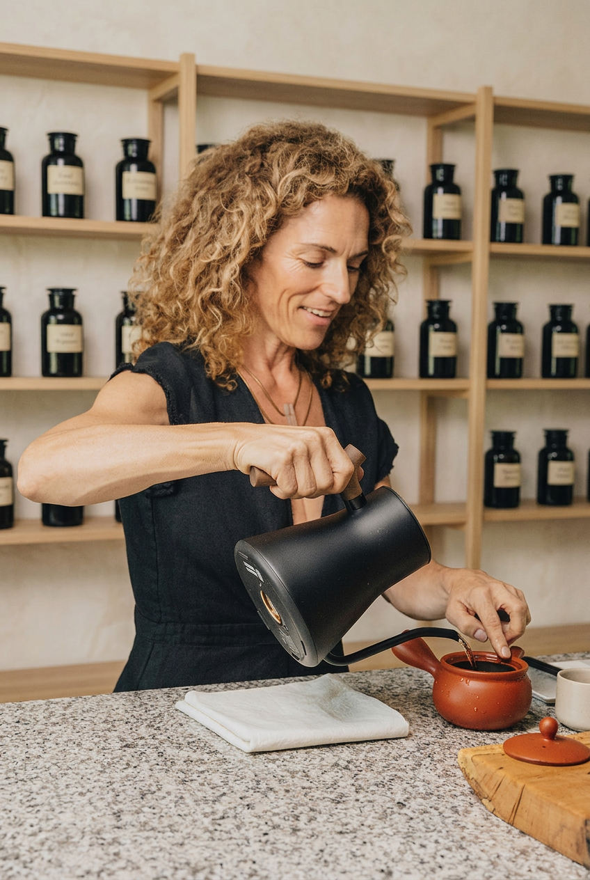 tea preparation in the aterra botanical studio